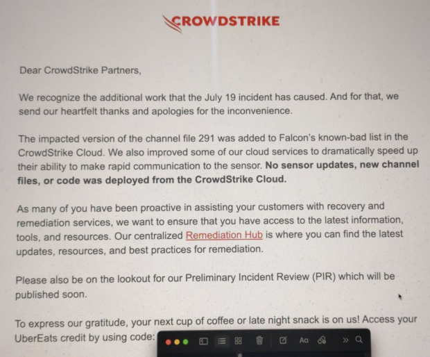 CrowdStrike oferece cartão-presente de $10 do Uber Eats por "Apagão Global" | Tec Plus+